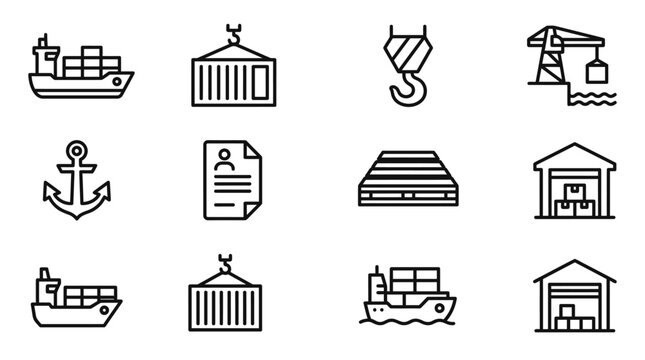 Set of Shipping and Logistics Icons: Cargo Ship, Container, Crane, Anchor, Warehouse