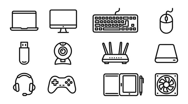 Computer Technology Icons Set: Laptop, Monitor, Keyboard, Mouse, USB, Webcam, Router, Hard Drive