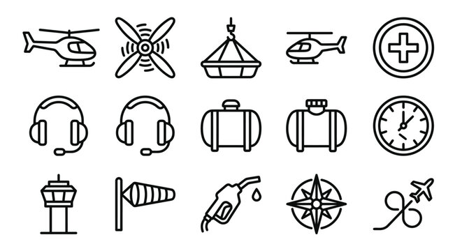 Aviation Icons Set: Helicopter, Propeller, Crane, Fuel, Compass, Clock, Tower, Wind Sock