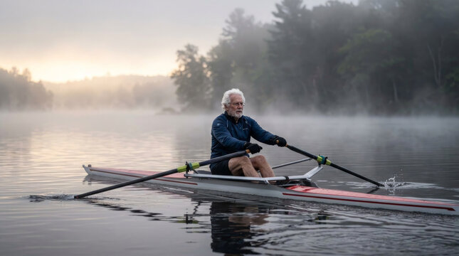 Elderly man rowing a scull boat on a misty lake at sunrise