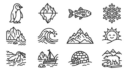 Arctic and Antarctic Icons: Penguin, Polar Bear, Iceberg, Igloo, Snowflakes, Sun, Mountains, Ocean, Fish © Hanzcoli