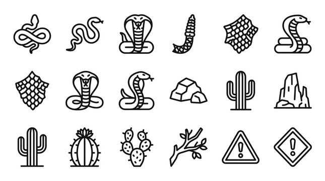 Desert Wildlife and Symbols Icon Set: Snakes, Cacti, Rocks, Warning Signs