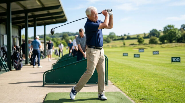 Senior man practicing golf swing at driving range on a sunny day