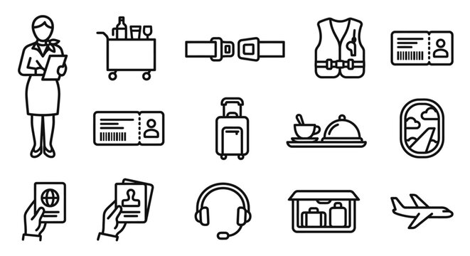 Airline Travel Icons: Flight Attendant, Food, Luggage, Tickets & More