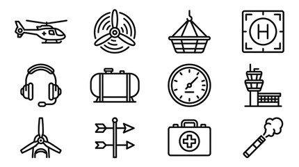 Aviation Icons Set: Helicopter, Propeller, Hangar, Control Tower, Medical Kit © Jayagem