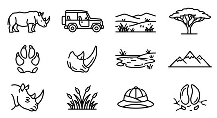 African Safari Icons: Rhino, Jeep, Landscape, Tree, Footprints & More © Hanzcoli