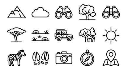 Safari Adventure Icons: Zebra, Binoculars, Jeep, Camera, Compass, Map, Nature © Boycilik