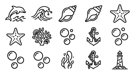 Nautical Icons Set: Dolphin, Wave, Seashell, Starfish, Coral, Anchor, Lighthouse, Bubbles © kacuk