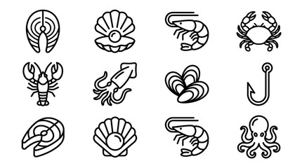 Seafood Icons Collection: Fish, Shrimp, Lobster, Crab, Squid, Octopus, Shellfish © Hanzcoli