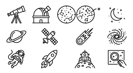 Space Icons: Telescope, Observatory, Astronaut, Rocket, Planets, Moon, Satellite © Hanzcoli