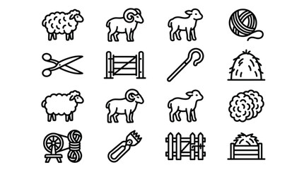 Farm Animal Icons: Sheep, Ram, Lamb, Wool, Hay, Tools, Fencing, Spool © Hanzcoli