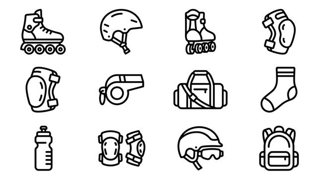 Inline Skates, Helmet, Knee Pads, Whistle, Duffel Bag, Sock, Water Bottle, Backpack Icons