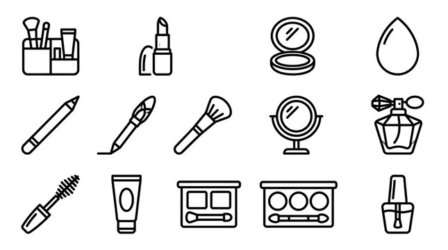 Collection of makeup icons: lipstick, brushes, mascara, perfume, nail polish, eye shadow