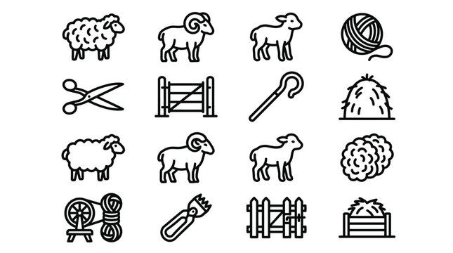 Farm Animal Icons: Sheep, Ram, Lamb, Wool, Hay, Tools, Fencing, Spool