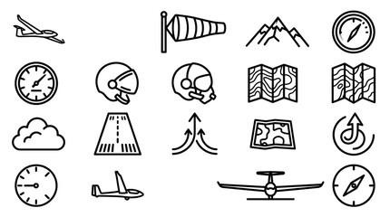 Aviation Icons: Airplane, Compass, Map, Wind Sock, Helmet, Mountains, Cloud, Runway © kacuk