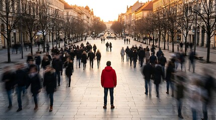 Obraz premium lone figure stands out in crowd of blurred people walking down pedestrian street in city center facing camera.
