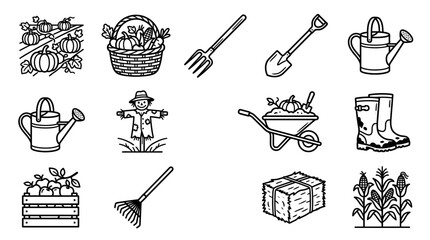 Autumn Harvest Icons: Pumpkins, Scarecrow, Tools, Hay Bale, Corn © Jayagem