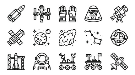 Space Exploration Icons: Rocket, Astronaut, Satellite, Telescope, Rover & More © Jayagem