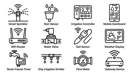 Smart Irrigation System Icons: Technology for Automated Watering and Garden Control © Jayagem