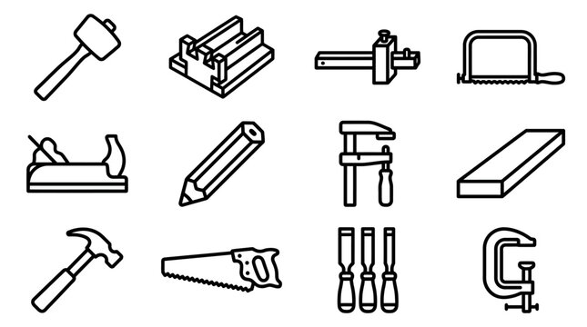 Set of woodworking tools icons, isolated on white background. Vector illustration.