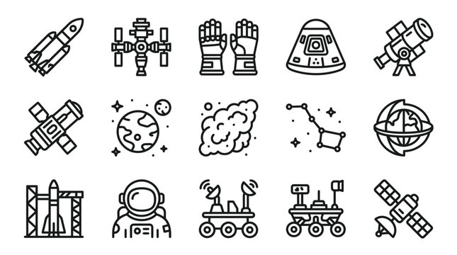 Space Exploration Icons: Rocket, Astronaut, Satellite, Telescope, Rover & More