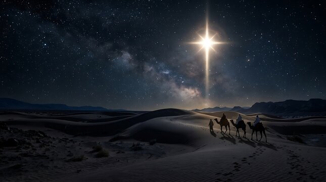Caravan of three wise men riding camels across desert dunes at night.