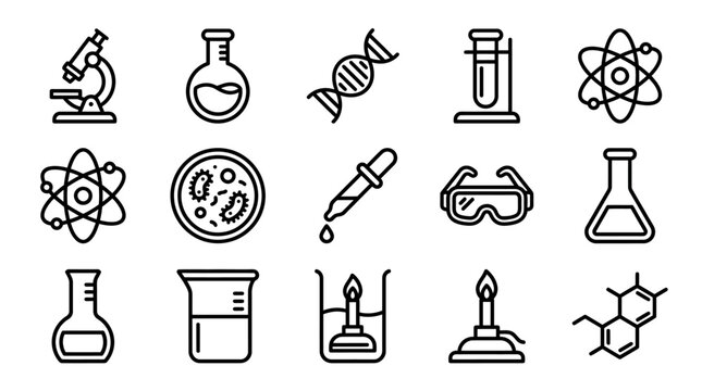 Science Icons Set: Microscope, DNA, Flasks, Petri Dish, Atom, Pipette, Goggles, Bunsen Burner