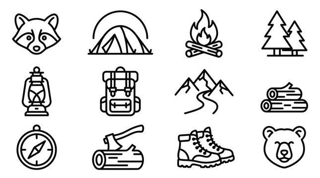Camping and Hiking Icon Set: Raccoon, Tent, Fire, Trees, Compass, Backpack, Mountains