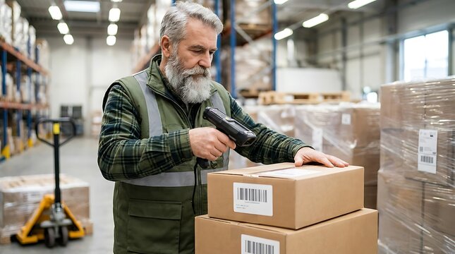 Experienced warehouse employee with white beard wearing reflective green vest scans barcode on cardboard parcel using handheld reader inside industrial logistic storage facility.