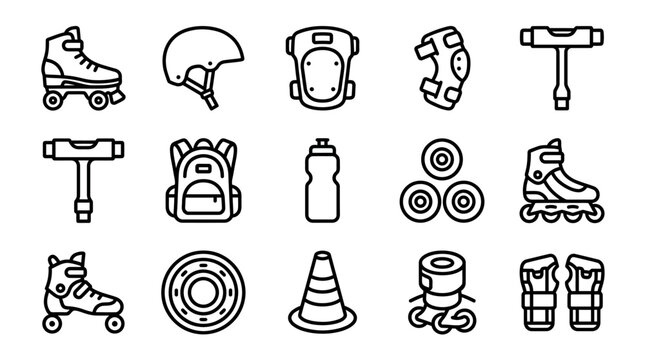 Inline Skating and Rollerblading Gear Icons Set: Skates, Helmet, Pads, Backpack, Water Bottle, Cones