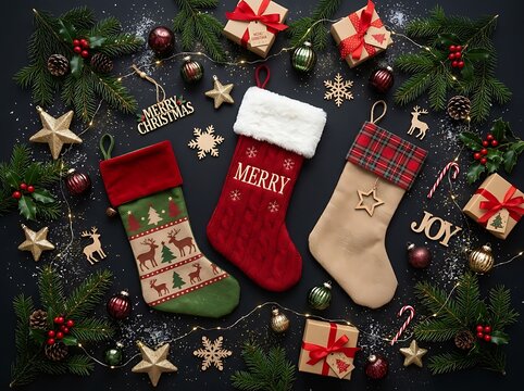 Three christmas stockings with holiday decorations and gifts on a dark background, top view.