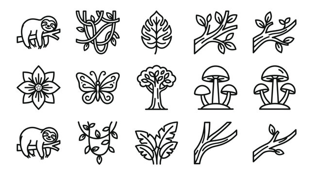 Nature Icons: Sloth, Vines, Leaves, Butterfly, Tree, Flower, Mushrooms