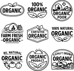 Obraz premium Organic food certification badges with leaves farm produce and natural product lettering