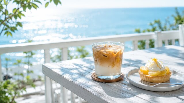 海が見えるカフェのテラス席とスイーツ