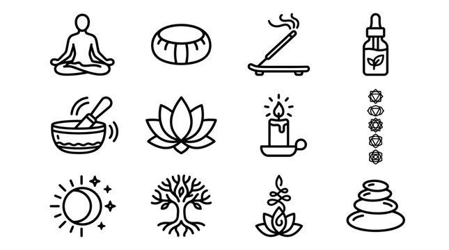 Yoga Meditation Wellness Icons: Lotus, Incense, Chakra, Zen Stones, Tree of Life