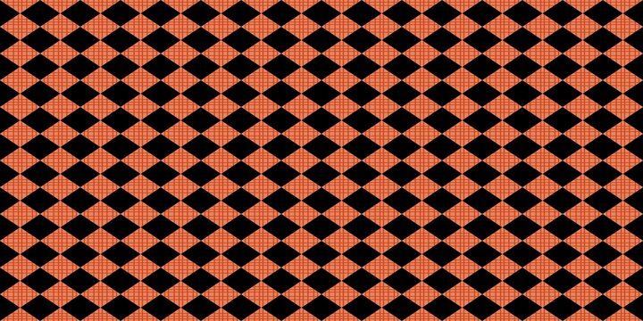 Seamless geometric checkerboard pattern. Alternate rows of solid black and orange grid textured diamonds create a continuous harlequin motif for background, textile, or wrap designs.