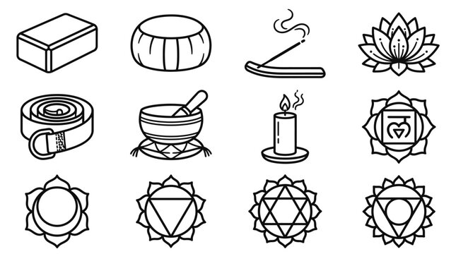 Yoga and Meditation Icons: Lotus, Chakras, Incense, Candle, Singing Bowl, Block, Strap