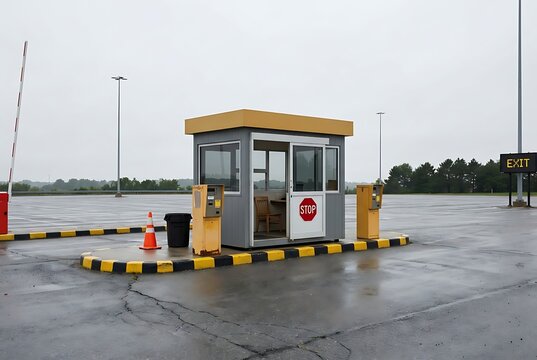 Empty parking lot with guard booth, stop sign and exit sign on a gloomy day.