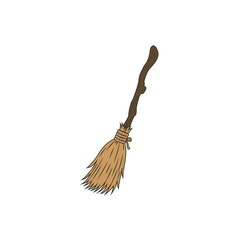 Obraz premium Vintage black witch broomstick with wooden stick handle and straw bristles in hand drawn style for Halloween