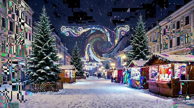Glitch art style christmas market with pixelated architecture and swirling cosmic sky elements.
