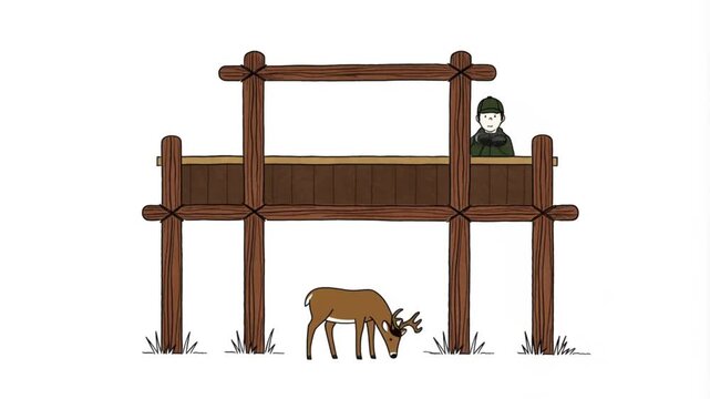 Hunter Searches While Deer Grazes Beneath Hunting Stand