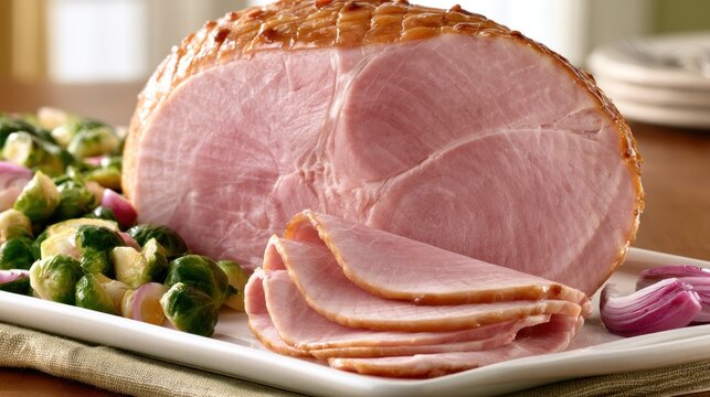 Close up sliced pink glazed ham and brussels sprouts.