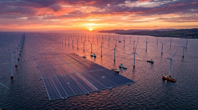 Offshore Wind Farm and Floating Solar Power Plant at Sunset