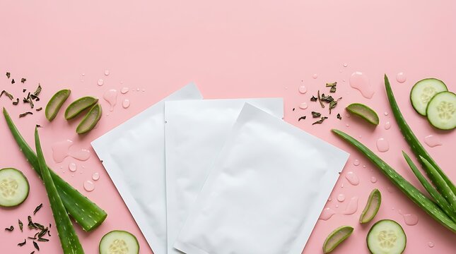 Face mask sheet with aloe vera and cucumber slices on a pink background