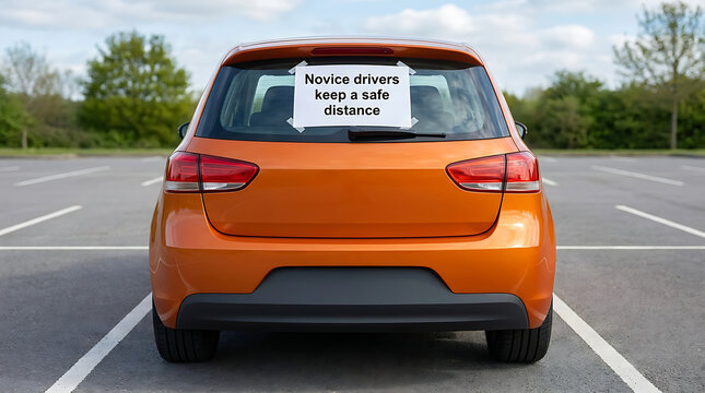 Bright orange car with a prominent novice driver sign in an empty parking lot, promoting road safety for new motorists