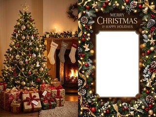 Obraz premium Holiday greeting template with vertical photo frame and festive garland background.