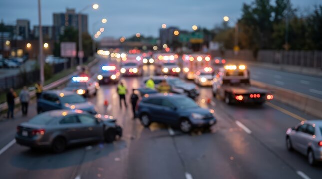 Car accident highway emergency response scene blurred flashing lights police ambulance tow truck traffic collision road safety wreck transportation