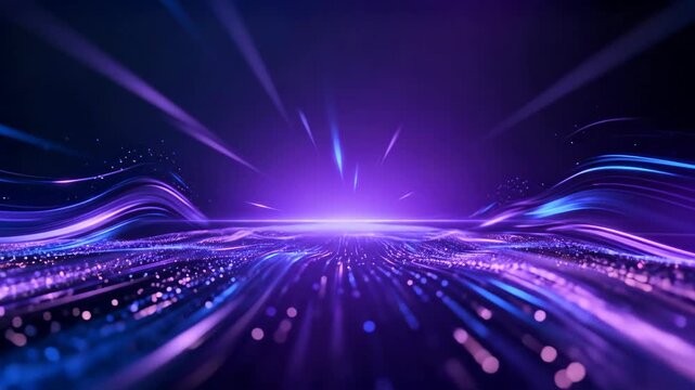 Dynamic digital abstract background with vibrant purple and blue light trails, glowing particles, and a futuristic sense of speed and data flow, ideal for technology and innovation concepts