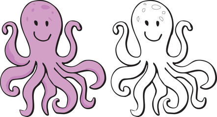 Cute cartoon octopus set with color and outline versions. © Ольга Ломонос