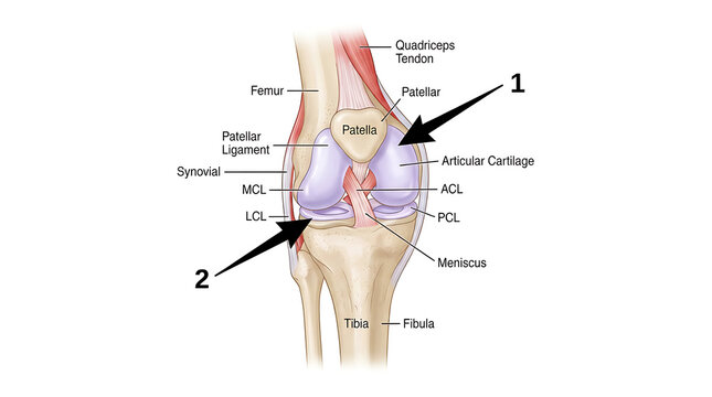 Detailed anatomical diagram of knee joint with labeled parts